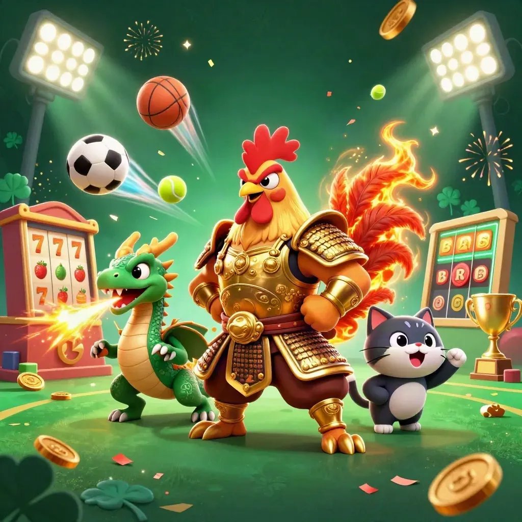 Rooster warrior, dragon hatchling, and fortune cat amid casino sparks and gold coins