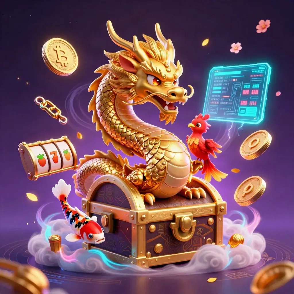 Golden dragon, phoenix, koi and casino symbols glowing in a dark purple cosmic splash screen.