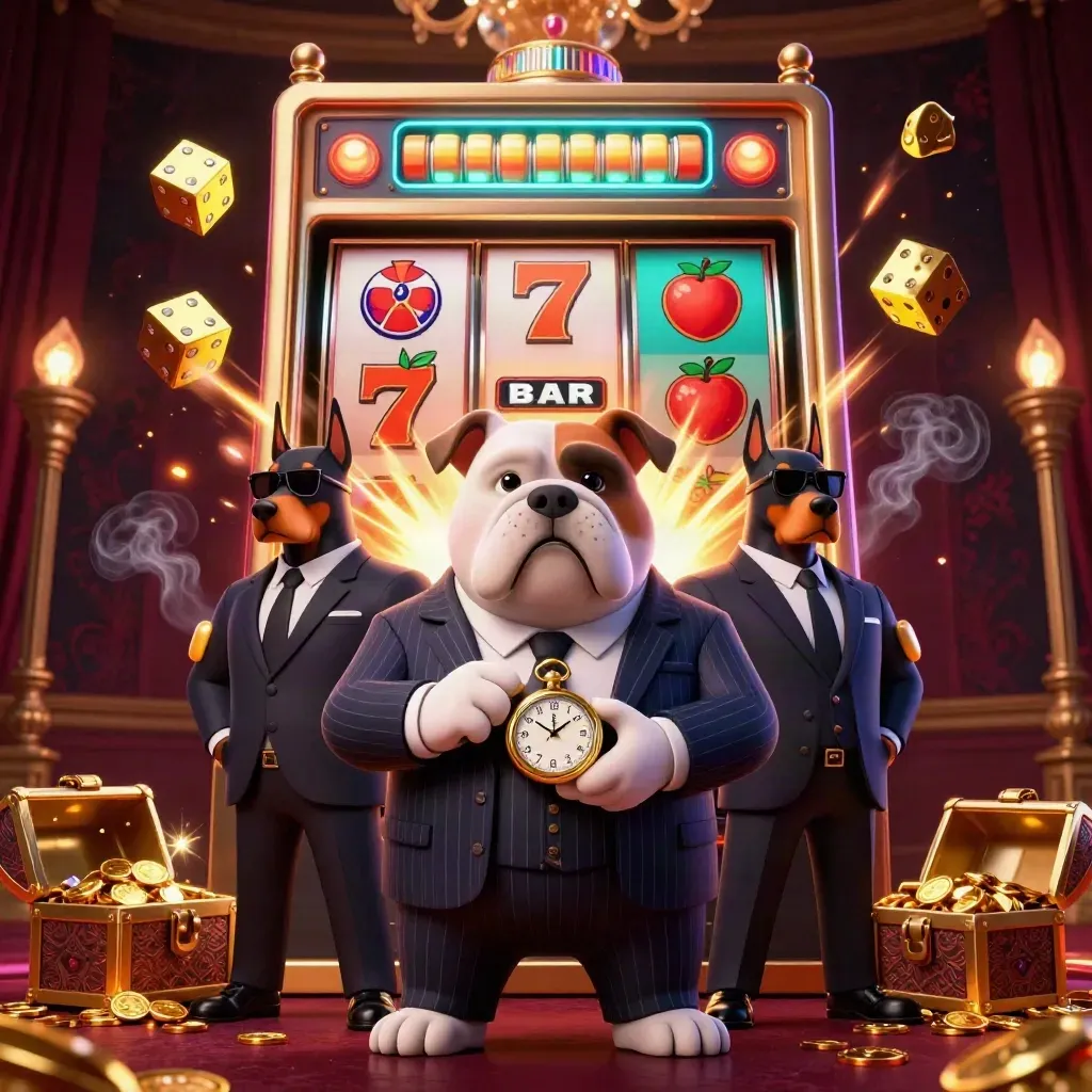 Bulldog boss and two Dobermans amid a bursting slot machine, gold dice, and treasure chest.