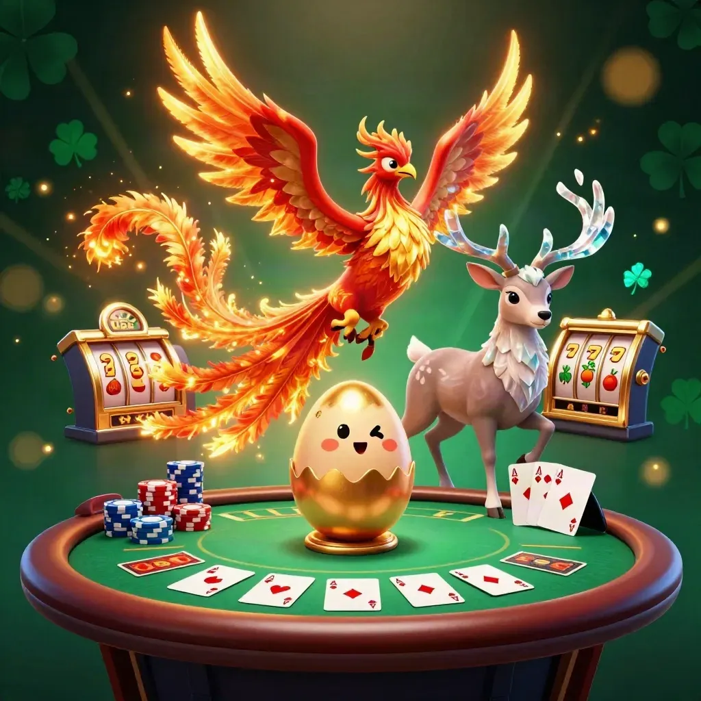 Phoenix trio over casino chips, cards, and glowing reels in a dark emerald casino scene