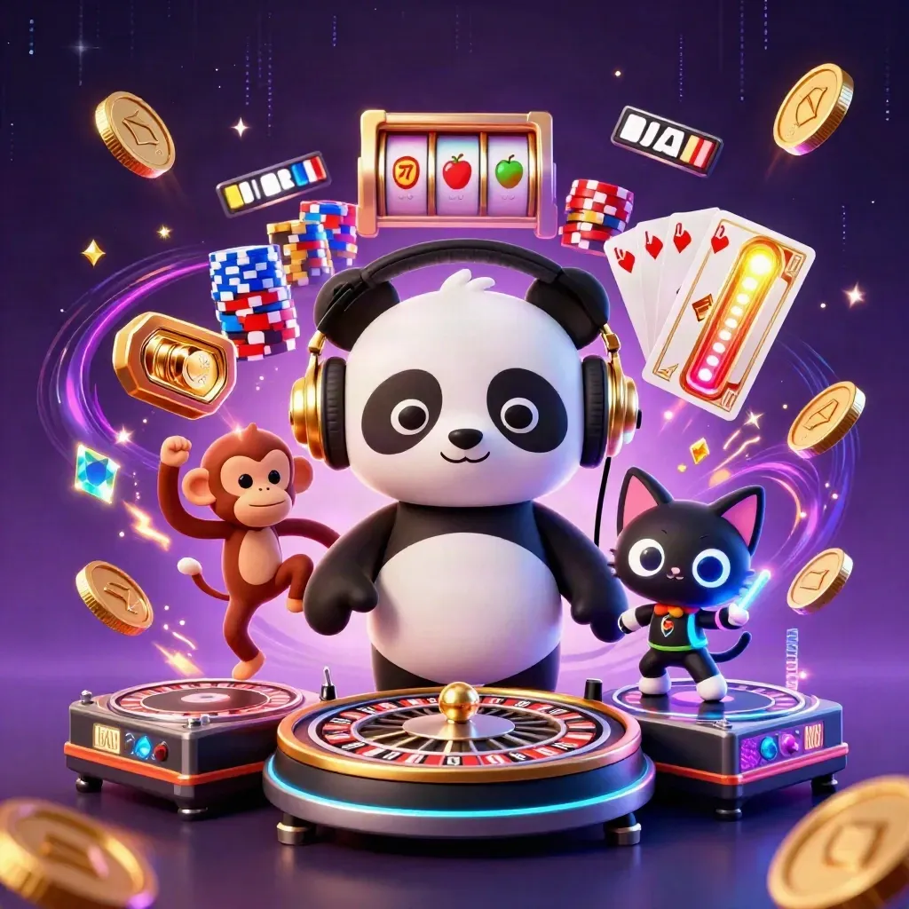Panda DJ, breakdancing monkey, and rave kitten amid casino wheels, coins, chips, and neon energy.