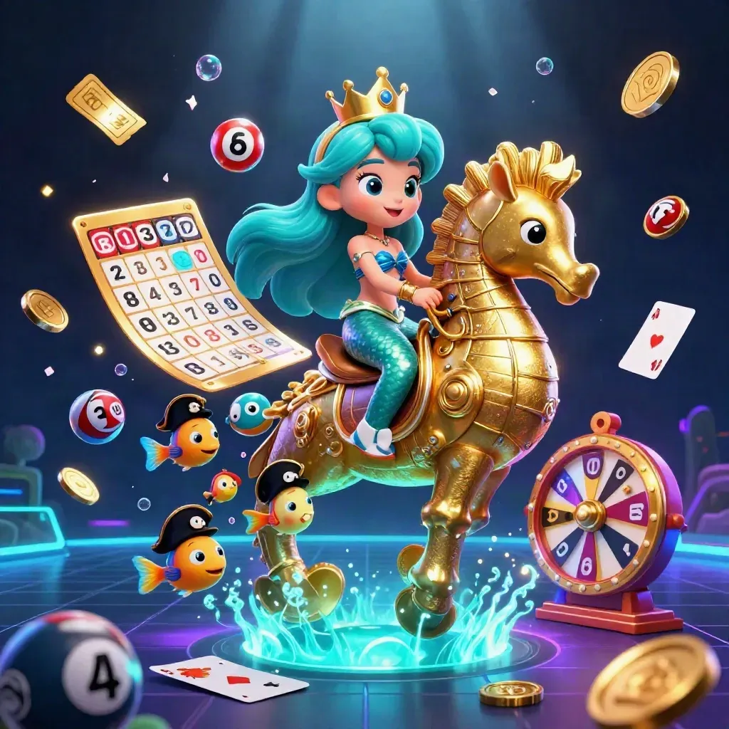 Mermaid princess rides a gold-armored seahorse amid casino tokens and neon underwater glow.