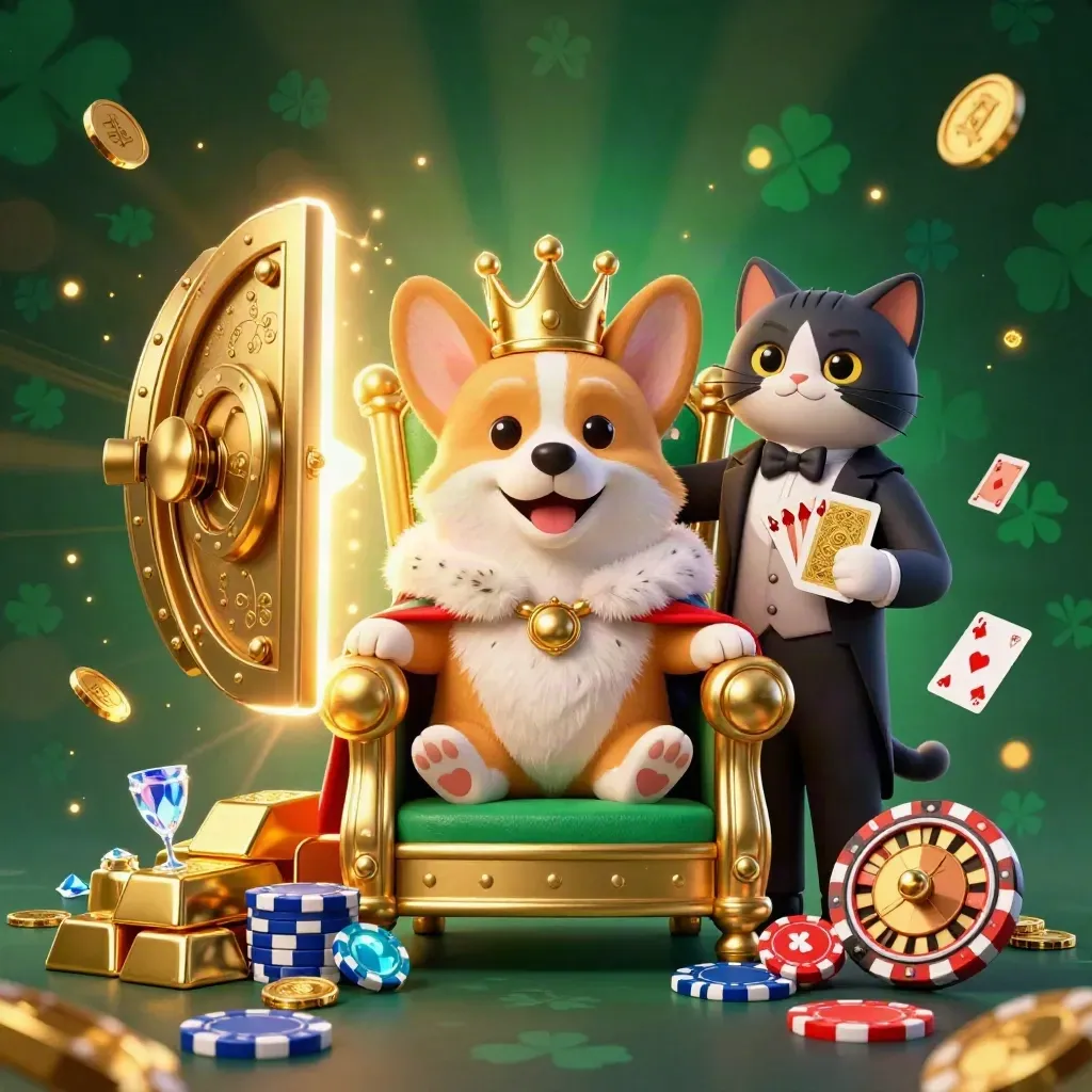 Royal corgi and cat butler amid gold vault, chips, gems, and teal neon casino glow.