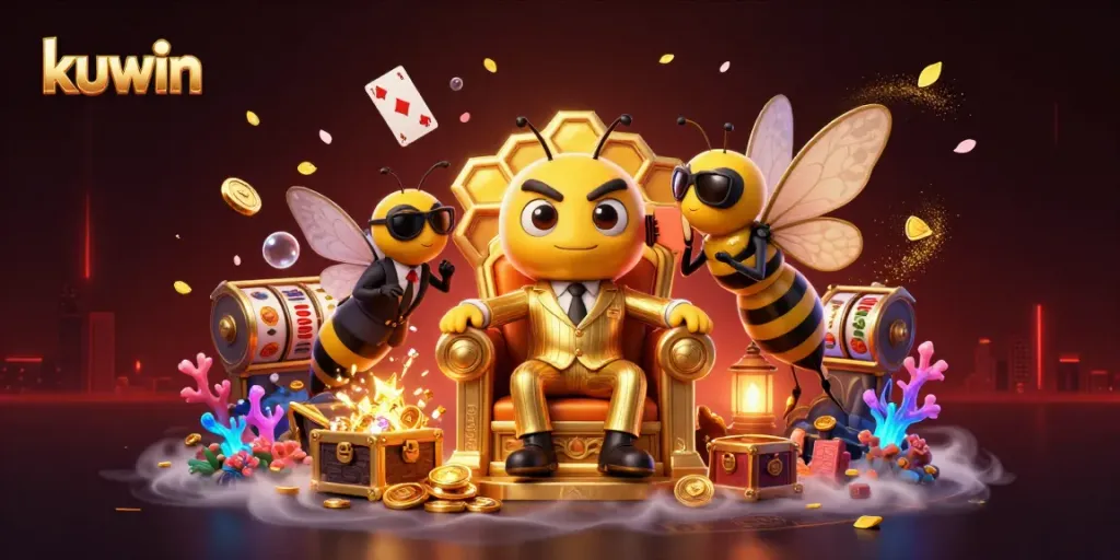 Kuwin brings excitement with a cartoon mob boss surrounded by casinos and treasures, ideal for gamers.