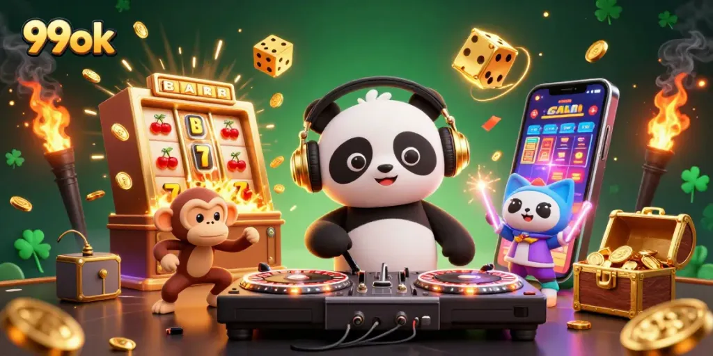 Experience the excitement of 99ok with vibrant visuals featuring a DJ panda, dancing monkey, and colorful casino elements.