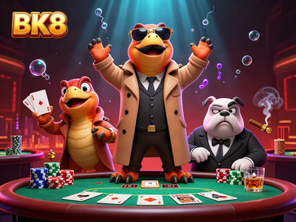 Raptors in trench coat entering a VIP casino lounge while showcasing BK8 elements like poker chips.