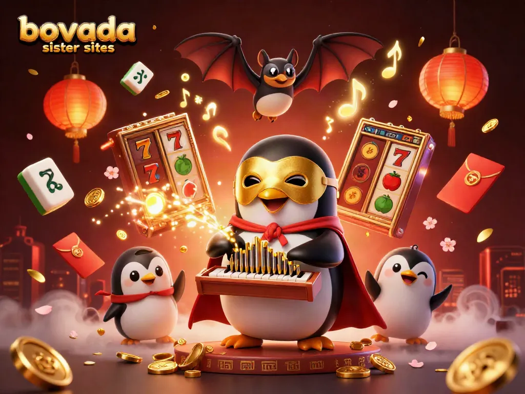 Engage with bovada sister sites where a penguin plays golden tunes amidst thrilling casino elements.