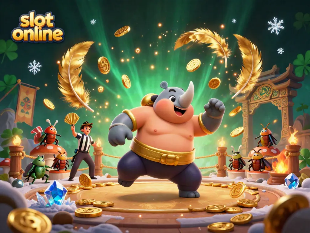 Experience thrilling gameplay with slot online as the rhinoceros beetle champion celebrates amidst gold coins.