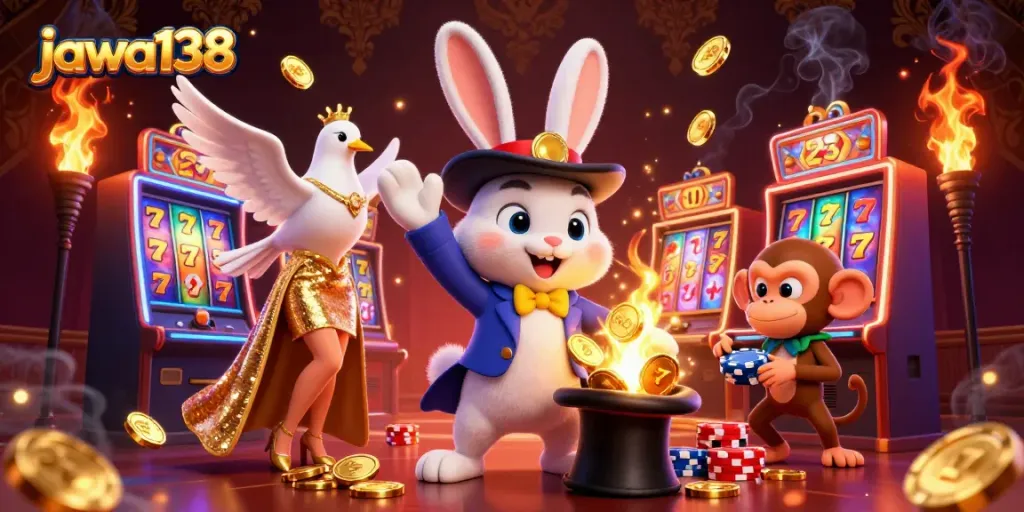 Experience the thrill of jawa138 slots with a magical scene of whimsical characters and vibrant casino elements.