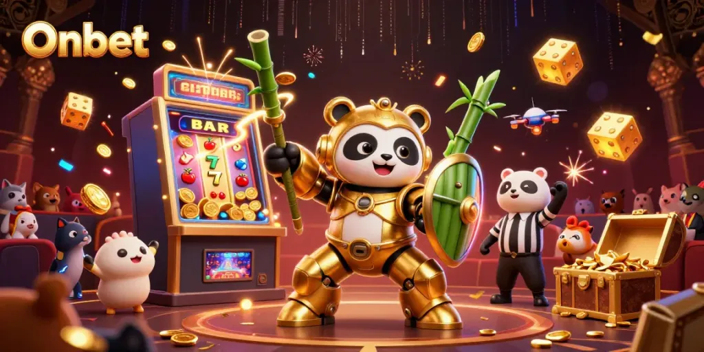Experience Onbet's thrilling casino atmosphere with exciting characters and vibrant game elements.