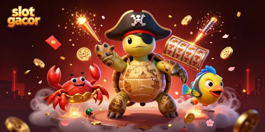 Engage with slot gacor through a vibrant, animated scene featuring a pirate turtle and friends surrounded by casino elements.