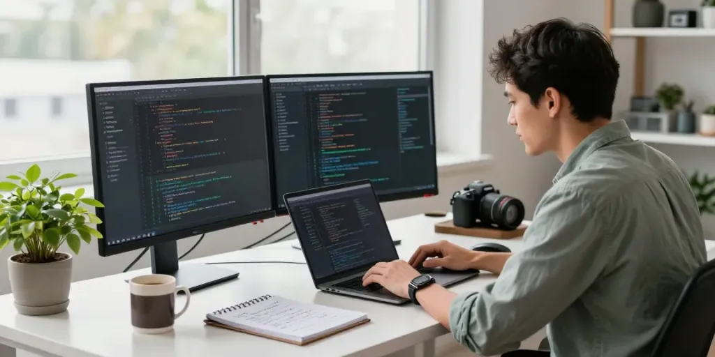 Developer engaged in mvp development service at a modern workspace with dual monitors and coding elements.