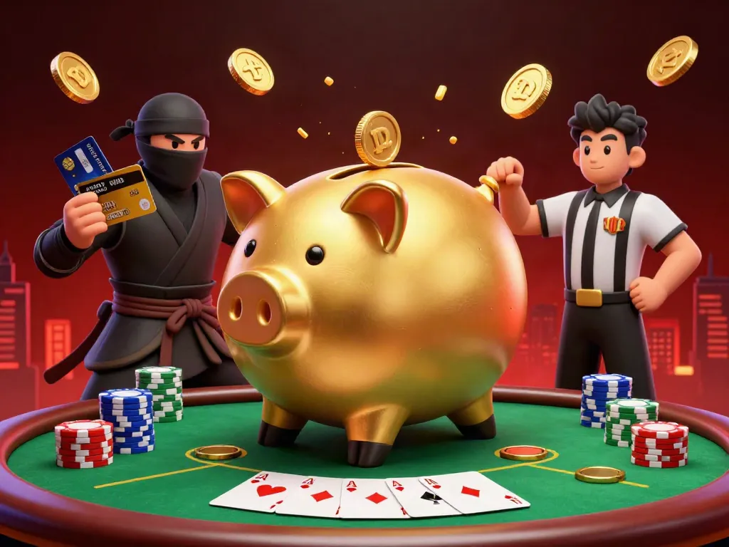 Engage with five88 in a dynamic casino showdown featuring a golden piggy bank sumo wrestler and his opponents.