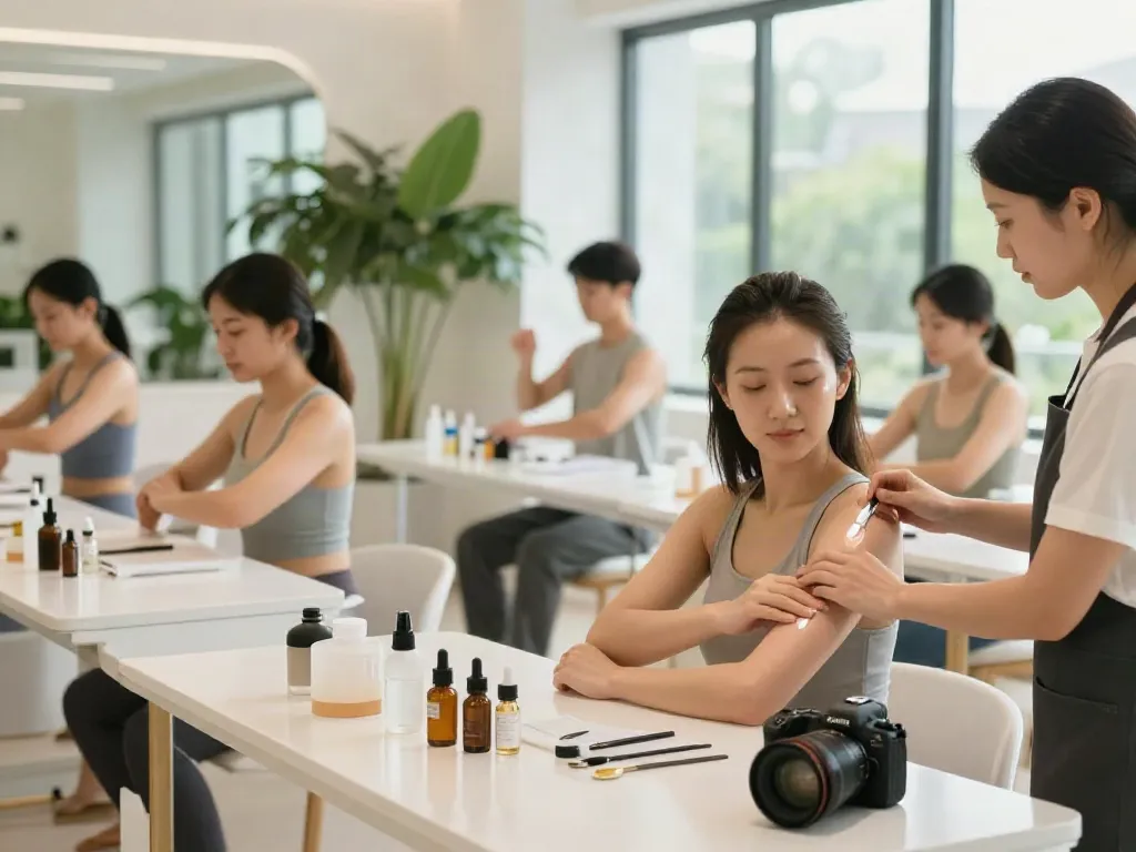 Participants learning about glow peptides in a wellness studio with natural light and skincare products.
