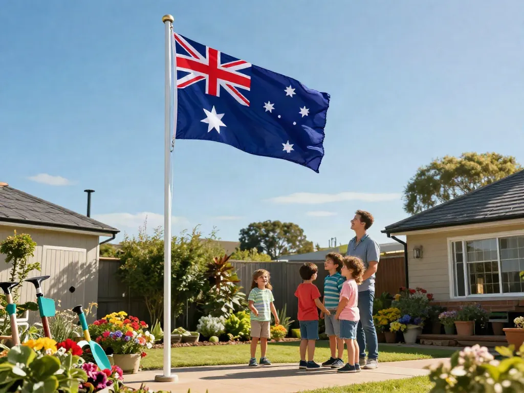family enjoying a flag pole kit australia in a vibrant garden