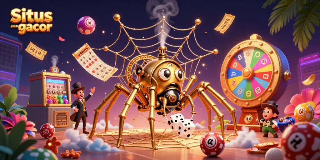 Situs slot gacor illustration of a steampunk spider web with poker chips and lottery elements.