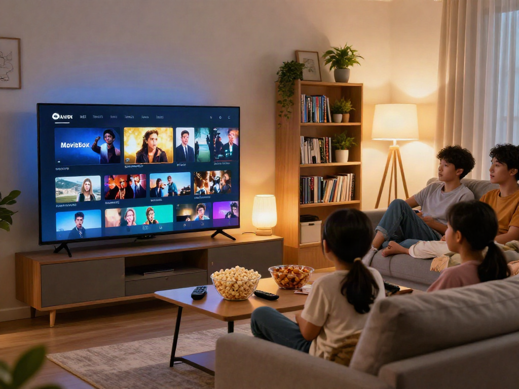 The Moviebox app displayed on a smart TV during a cozy family movie night, showcasing diverse films and snacks on the table.