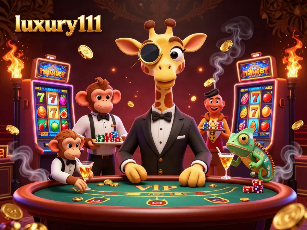 Win big at luxury111 with a vibrant scene of a high-roller giraffe at a poker table, showcasing excitement and strategy.