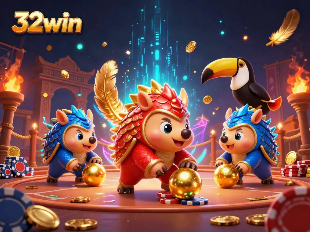32win pangolins compete in a dynamic bowling game among poker chips and vibrant casino elements.