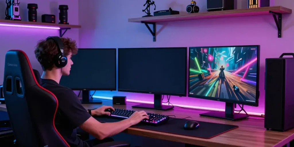 Gamer immersed in online gaming with luxury333 login on vibrant multiple screens