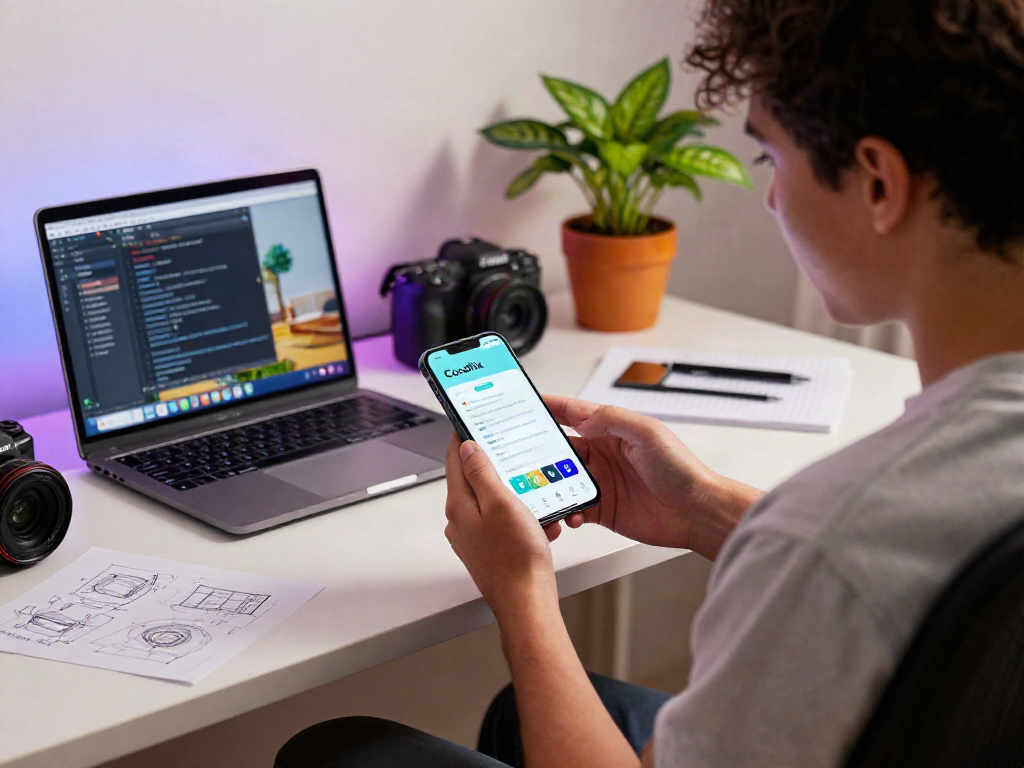 Cocoflix apk download showcased on a smartphone in a vibrant tech workspace.