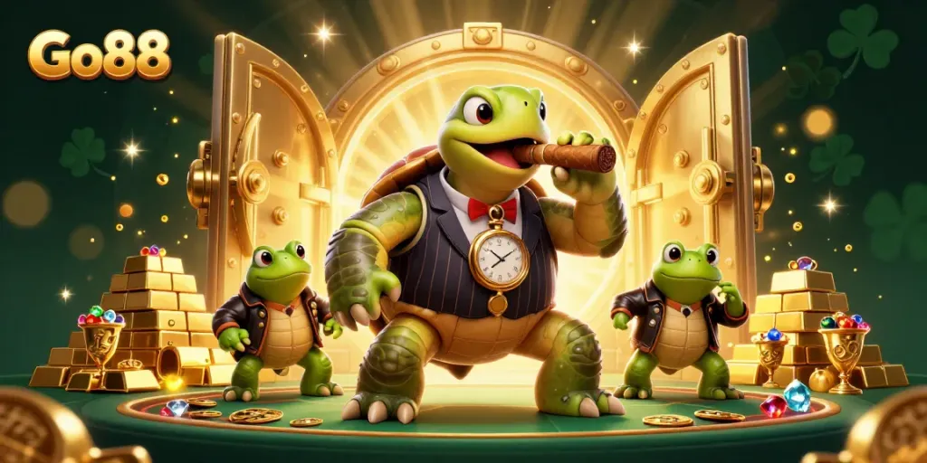 Experience the thrill at Go88 with a lively casino scene featuring a snapping turtle in a suit and vibrant casino elements.