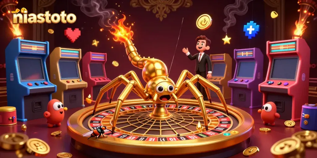 Experience the thrill with niastoto as a golden spider spins a roulette wheel web in an exciting casino illustration.