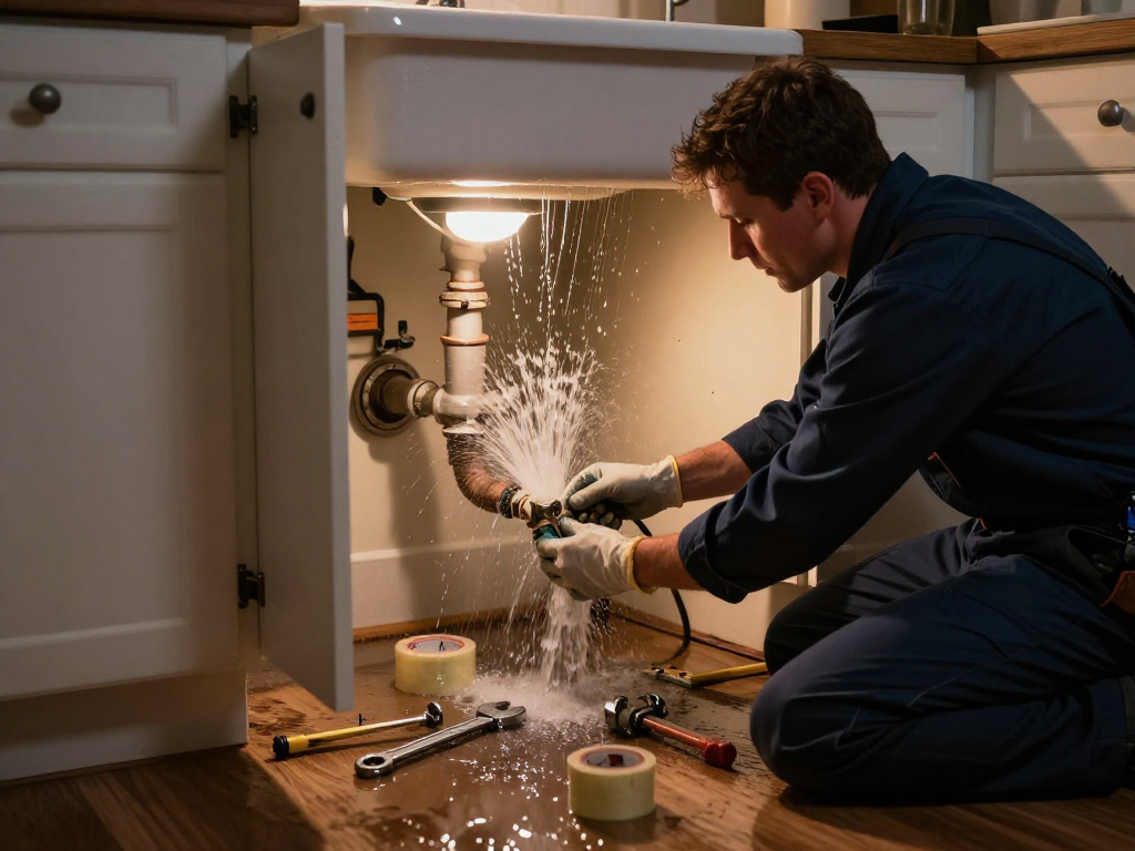 Emergency plumber Fort Worth fixing a burst pipe in a kitchen during a late-night crisis, showcasing urgency and expertise.
