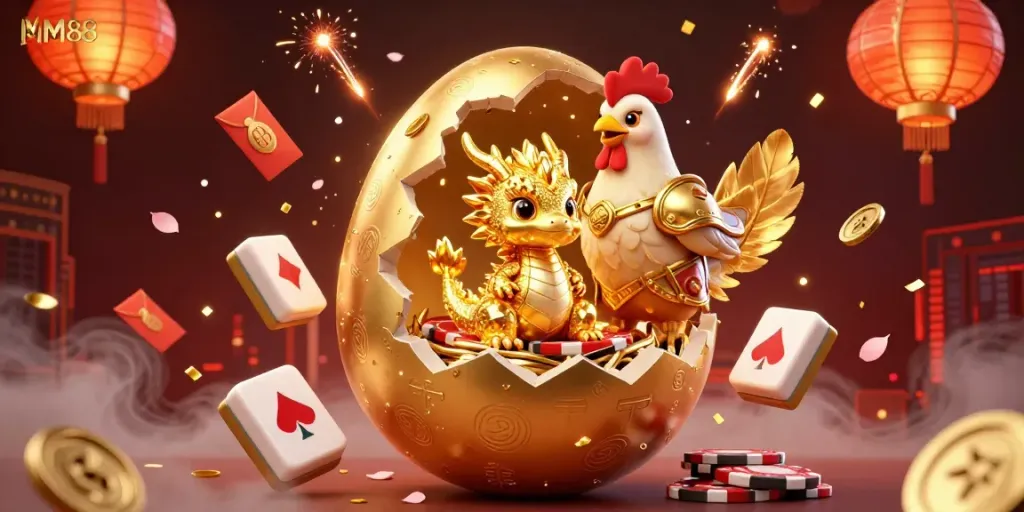 Play with MM88 and discover a golden dragon guarding poker chips amidst festive casino elements.