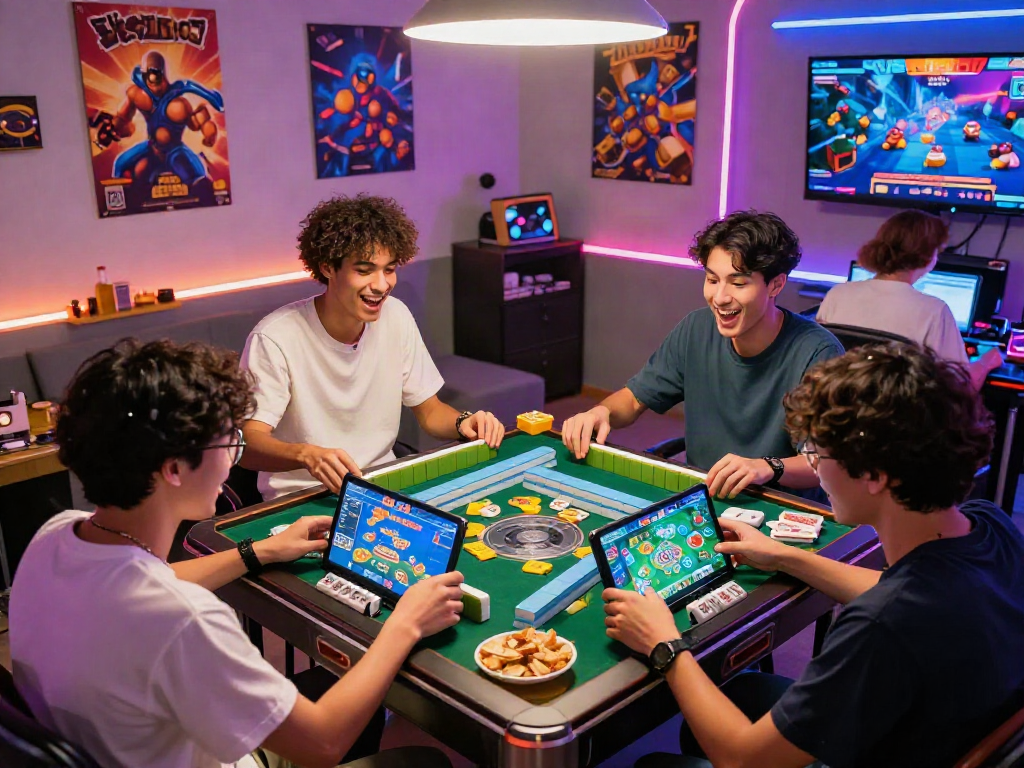 Friends playing MAHJONGJP88 Official in a vibrant gaming room, showcasing engagement and excitement.