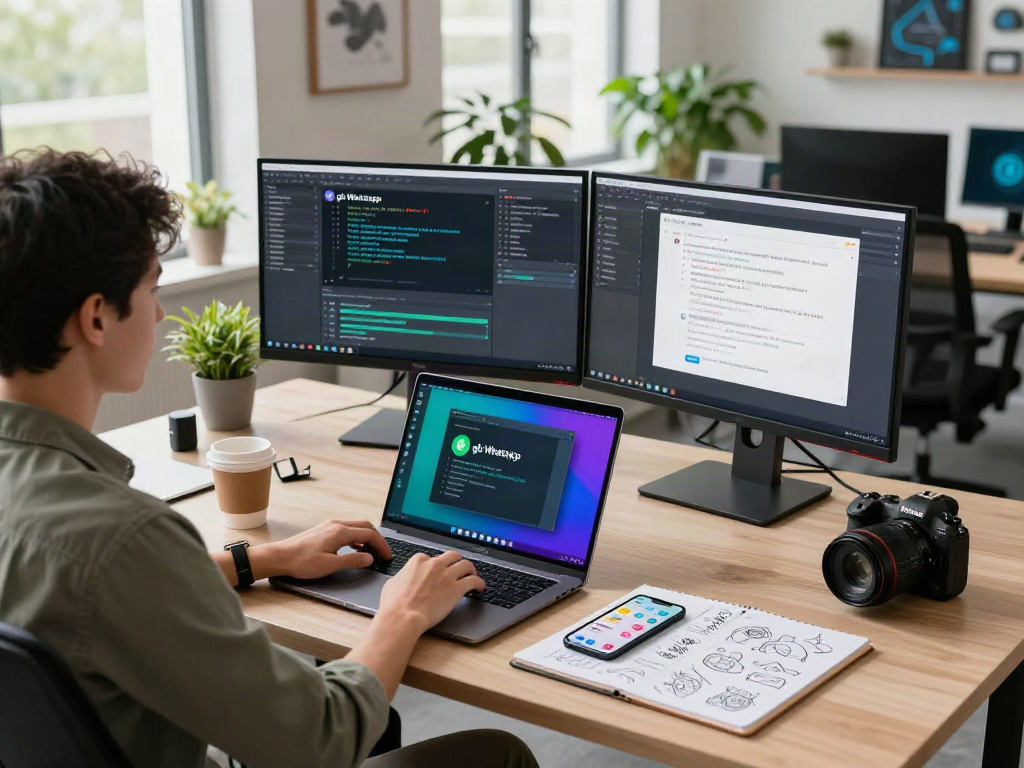 Developer coding gb whatsapp in a modern office space, capturing innovation in tech.