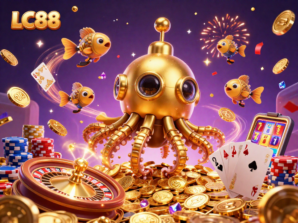 Engage with LC88's thrilling casino experience featuring a golden kraken and dazzling game elements.