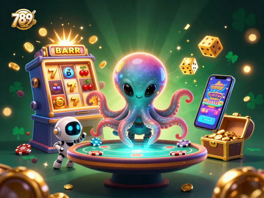 Engage with exciting 789club games featuring alien octopus and poker table in vibrant casino illustration.