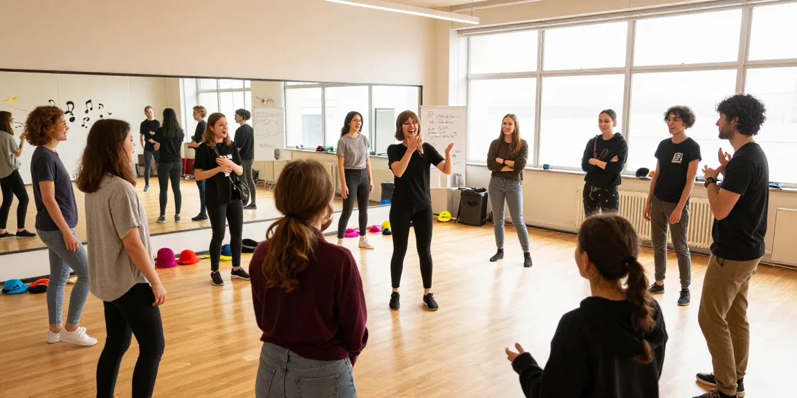 Group of beginners practicing improv for beginners in a lively studio setting with colorful props.