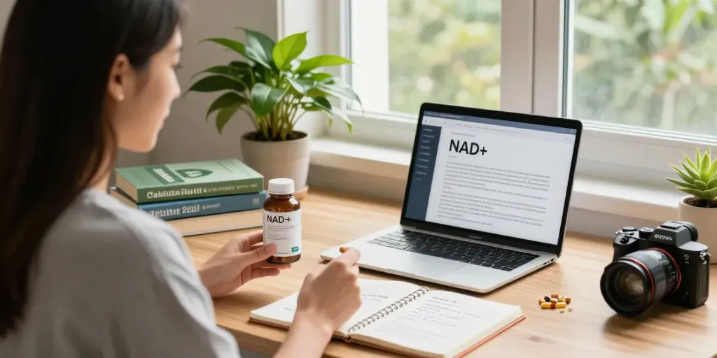 Buy NAD+ supplements in a vibrant home office, featuring health resources and a productive atmosphere.