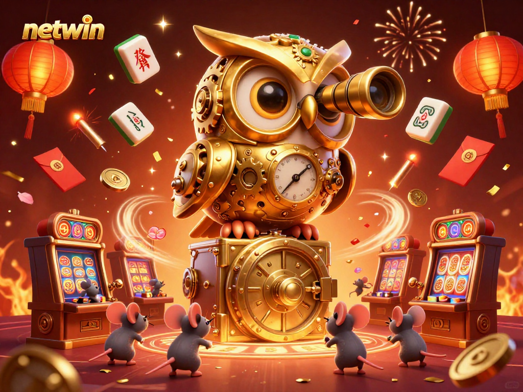 Experience thrilling play at netwin with golden owl and festive casino elements.