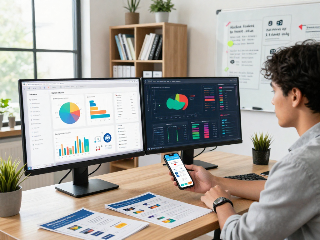 Buy app install strategies displayed in a modern marketing office environment with app performance metrics and promotional materials.