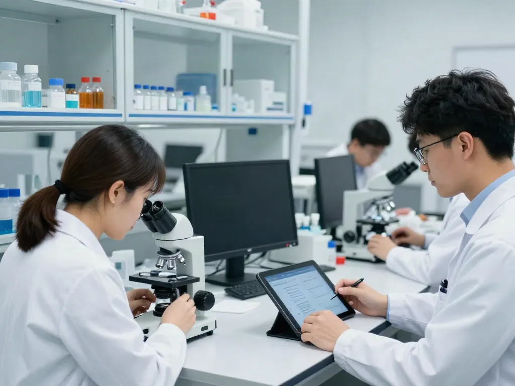 Research on GLP-3R peptides in a modern laboratory with scientists analyzing data.