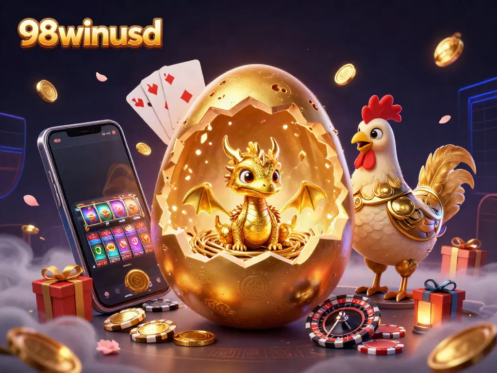 Experience the thrilling gaming world of 98winusd with a dragon, poker chips, and golden treasures.