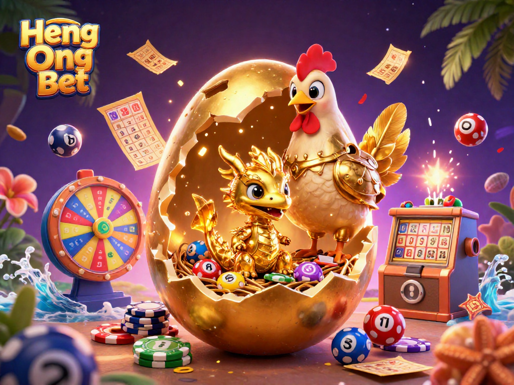 Experience the thrill of Heng Ong Bet with a golden dragon guarding poker chips amidst a vibrant casino scene.