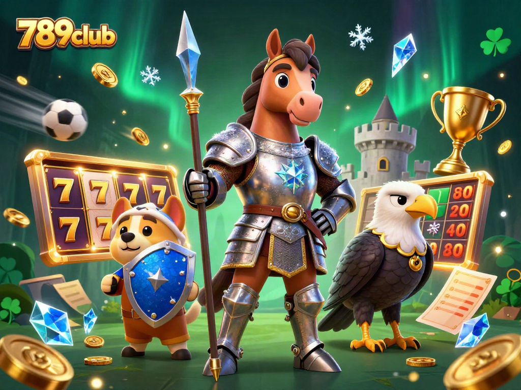 Engage with 789club gaming excitement featuring knights and slots in a vibrant 3D illustration.