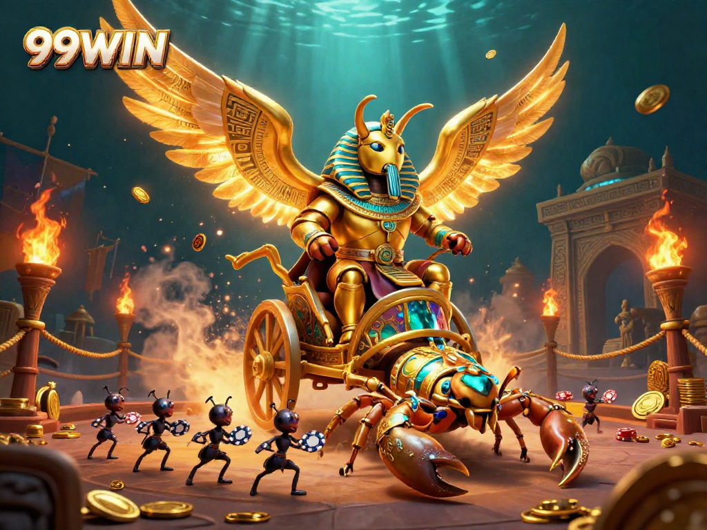 Join the excitement of 99WIN in this dynamic live casino scene featuring golden elements and thrilling characters.