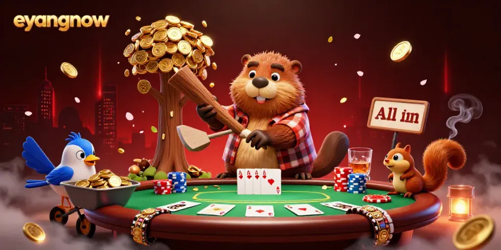 Eyangnow's vibrant 3D illustration showcases a beaver, bird, and squirrel in a casino-themed scene with coins raining and poker elements.