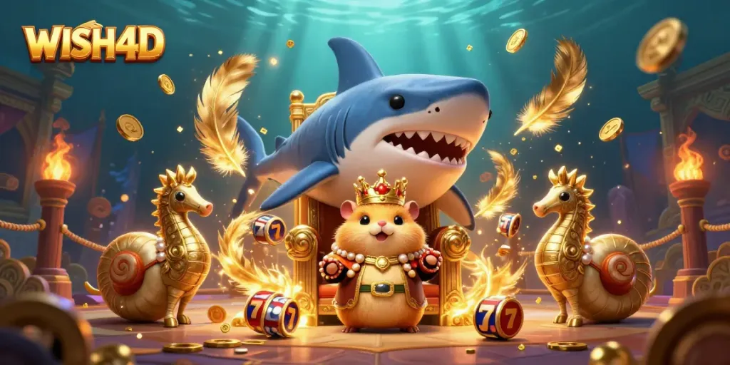 Win big with WISH4D in this vibrant 3D illustration of a hamster king ruling a casino realm.