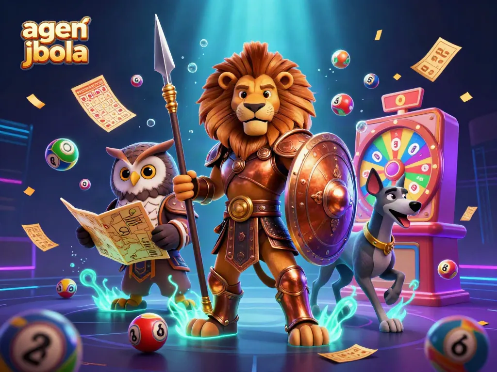 Engage with agen judi bola in a vibrant 3D casino scene showcasing a Spartan lion and colorful lottery elements.