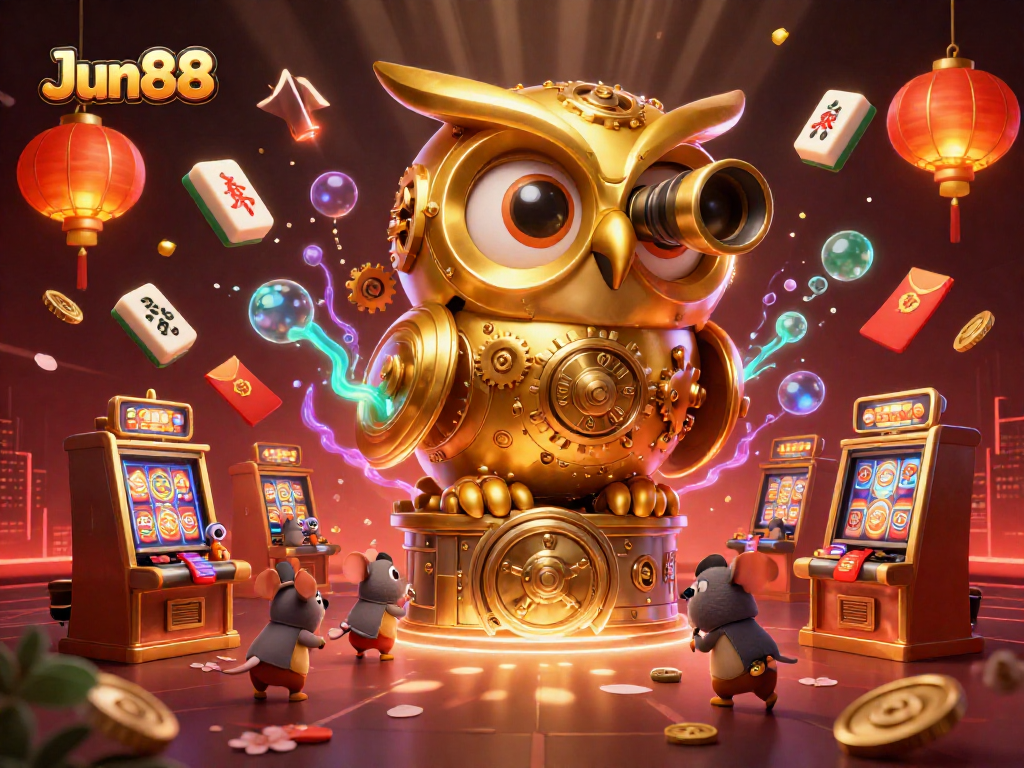 Experience the excitement of Jun88's casino with a dazzling 3D scene involving an owl, mice, and dynamic game elements.