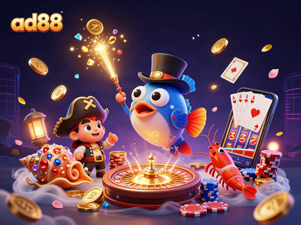 Experience the thrill of gambling with ad88's vibrant 3D scene of casino excitement featuring gems and coins.