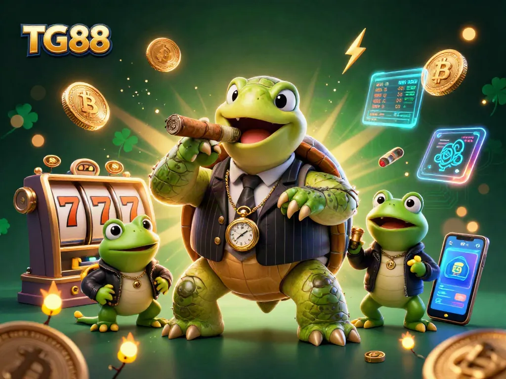 Experience excitement at TG88 with a cartoon turtle gangster amidst vibrant casino elements.