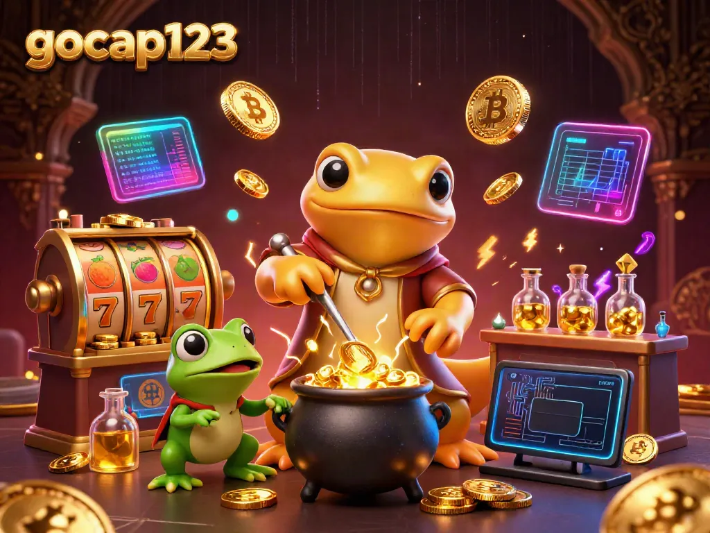 Raih keberuntungan di gocap123 dengan ilustrasi kasino yang menonjolkan alkimis, koin emas, dan simbol slot.