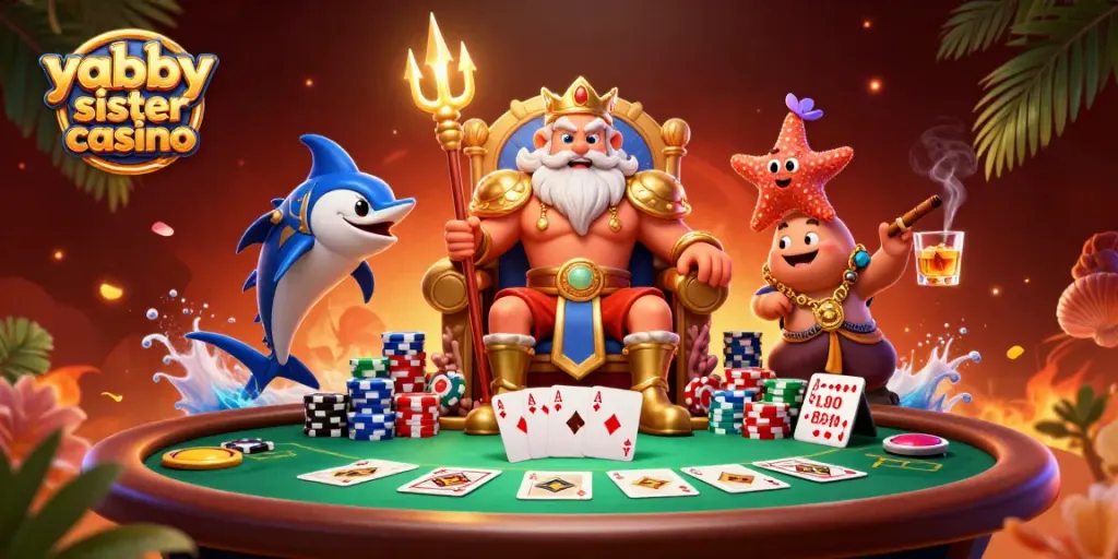 Experience exciting gameplay at yabby sister casino with Neptune and poker elements in this vibrant illustration.